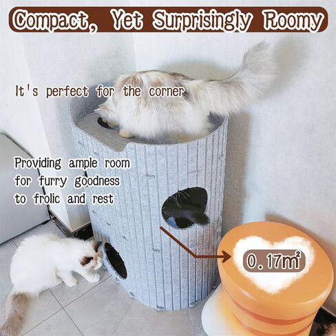 3-Storey Cat Condo for Indoor Cats - Cozy Cat Cave Beds, Pet Cat House for Multiple & Large Cats Up to 22 Lbs, Scratch Resistant Peekaboo Cat Tunnel, Cat Hideaway, 24" x16" x29", Light Gray in Kuwait