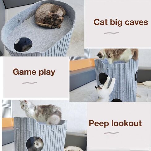 3-Storey Cat Condo for Indoor Cats - Cozy Cat Cave Beds, Pet Cat House for Multiple & Large Cats Up to 22 Lbs, Scratch Resistant Peekaboo Cat Tunnel, Cat Hideaway, 24" x16" x29", Light Gray in Kuwait