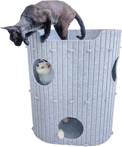 3-Storey Cat Condo for Indoor Cats - Cozy Cat Cave Beds, Pet Cat House for Multiple & Large Cats Up to 22 Lbs, Scratch Resistant Peekaboo Cat Tunnel, Cat Hideaway, 24" x16" x29", Light Gray in Kuwait