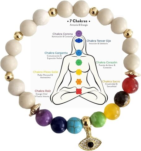 Bracelet for women 7 chakra natural stone bracelet, protection bracelet and good luck amulet, elastic bracelet with 18k gold-plated golden beads, includes 18k gold-plated Turkish eye charm in Saudi Arabia