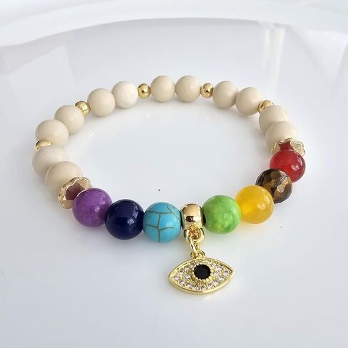 Bracelet for women 7 chakra natural stone bracelet, protection bracelet and good luck amulet, elastic bracelet with 18k gold-plated golden beads, includes 18k gold-plated Turkish eye charm in Saudi Arabia