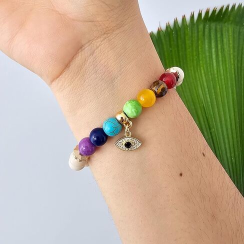 Bracelet for women 7 chakra natural stone bracelet, protection bracelet and good luck amulet, elastic bracelet with 18k gold-plated golden beads, includes 18k gold-plated Turkish eye charm in Saudi Arabia