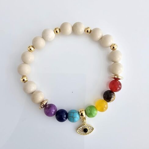 Bracelet for women 7 chakra natural stone bracelet, protection bracelet and good luck amulet, elastic bracelet with 18k gold-plated golden beads, includes 18k gold-plated Turkish eye charm in Saudi Arabia