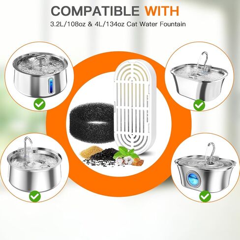 Cat Water Fountain Filters for 108/3.2L& 4L/134oz Stainless Steel Pet Water Dispenser Fountain Filters (6 Filters& 6Sponges) (9 Filters& 9 Sponges) in Kuwait