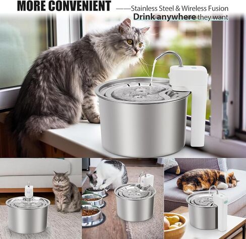 Wireless Cat Water Fountain Stainless Steel, 115OZ/4.3L Battery Operated Rechargeable Pet Water Fountain with External Water Pump, Rechargeable Pet Water Fountain with 3 Replacement Filters in Saudi Arabia