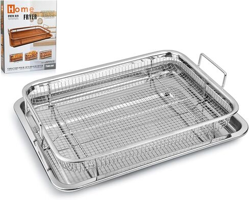 Air Fryer Basket and Tray Set of 2 Pieces 13 x 10 Inches Stainless Steel Filter Basket for Oil Filtering, Cooling Drain, Baking and Crispy Foods in Saudi Arabia