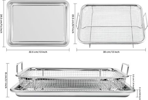 Air Fryer Basket and Tray Set of 2 Pieces 13 x 10 Inches Stainless Steel Filter Basket for Oil Filtering, Cooling Drain, Baking and Crispy Foods in Saudi Arabia