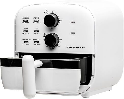 مقلاة هوائية صغيرة من OVENTE، قوة 700 واط بسعة 1 لتر، أضواء مؤشر، درجة حرارة ومؤقت قابلان للتعديل، مثالية للاستخدام الشخصي لطهي القلي الصحي والخالي من الزيت، والخبز والطعام المشوي، أبيض FAM21101W in Kuwait