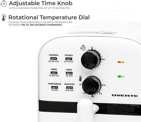 مقلاة هوائية صغيرة من OVENTE، قوة 700 واط بسعة 1 لتر، أضواء مؤشر، درجة حرارة ومؤقت قابلان للتعديل، مثالية للاستخدام الشخصي لطهي القلي الصحي والخالي من الزيت، والخبز والطعام المشوي، أبيض FAM21101W in Kuwait