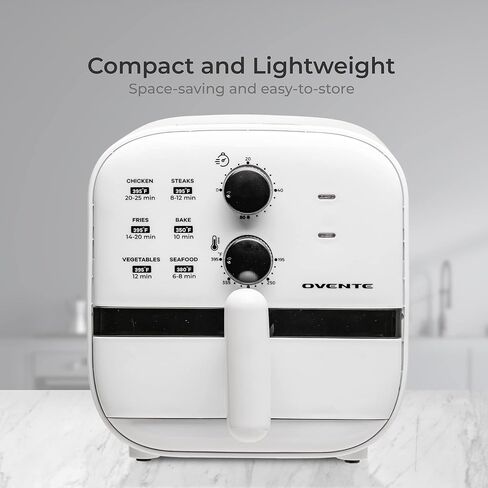 مقلاة هوائية صغيرة من OVENTE، قوة 700 واط بسعة 1 لتر، أضواء مؤشر، درجة حرارة ومؤقت قابلان للتعديل، مثالية للاستخدام الشخصي لطهي القلي الصحي والخالي من الزيت، والخبز والطعام المشوي، أبيض FAM21101W in Kuwait