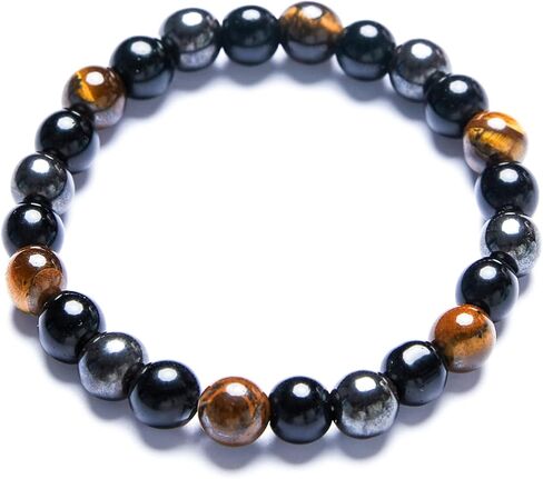 Triple Protection Bracelet Handmade Tigers Eye Black Obsidian Stretchable 8mm Crystal Beads Bracelet for Men Women Natural Stone Jewelry Bring Luck Prosperity and Happiness (Tricolor) in Saudi Arabia