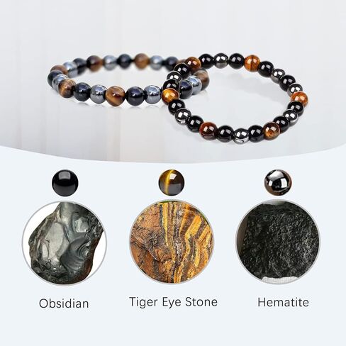 Triple Protection Bracelet Handmade Tigers Eye Black Obsidian Stretchable 8mm Crystal Beads Bracelet for Men Women Natural Stone Jewelry Bring Luck Prosperity and Happiness (Tricolor) in Saudi Arabia