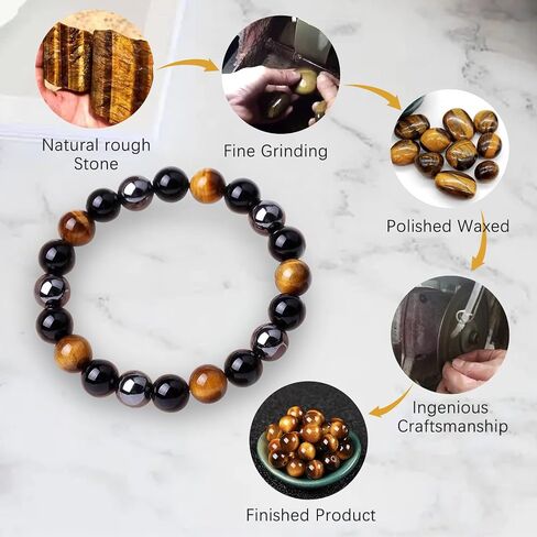 Triple Protection Bracelet Handmade Tigers Eye Black Obsidian Stretchable 8mm Crystal Beads Bracelet for Men Women Natural Stone Jewelry Bring Luck Prosperity and Happiness (Tricolor) in Saudi Arabia