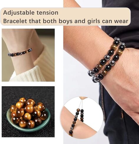 Triple Protection Bracelet Handmade Tigers Eye Black Obsidian Stretchable 8mm Crystal Beads Bracelet for Men Women Natural Stone Jewelry Bring Luck Prosperity and Happiness (Tricolor) in Saudi Arabia