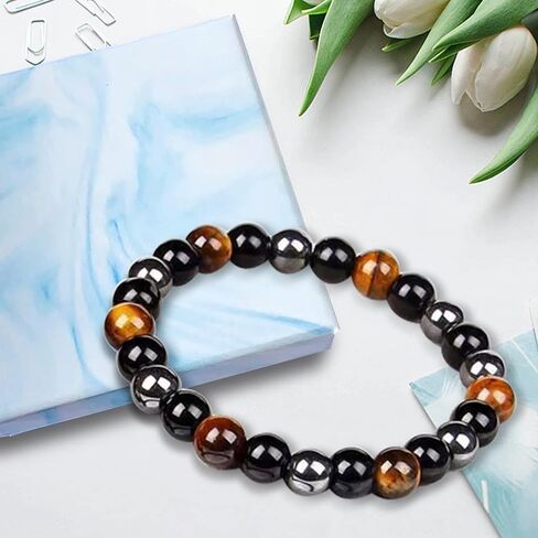Triple Protection Bracelet Handmade Tigers Eye Black Obsidian Stretchable 8mm Crystal Beads Bracelet for Men Women Natural Stone Jewelry Bring Luck Prosperity and Happiness (Tricolor) in Saudi Arabia