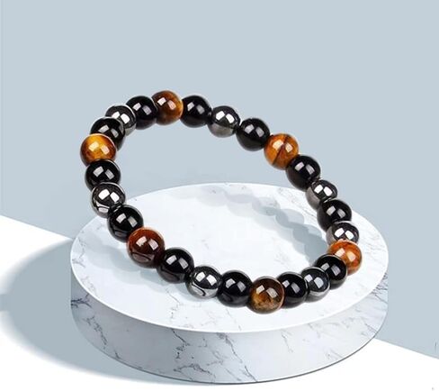 Triple Protection Bracelet Handmade Tigers Eye Black Obsidian Stretchable 8mm Crystal Beads Bracelet for Men Women Natural Stone Jewelry Bring Luck Prosperity and Happiness (Tricolor) in Saudi Arabia