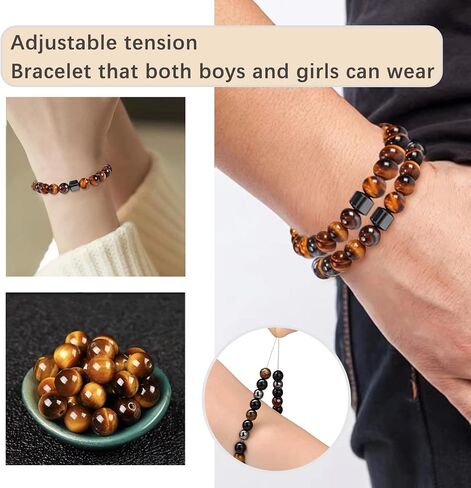 Triple Protection Bracelet Handmade Tigers Eye Black Obsidian Stretchable 8mm Crystal Beads Bracelet for Men Women Natural Stone Jewelry Bring Luck Prosperity and Happiness (Tricolor) in Saudi Arabia