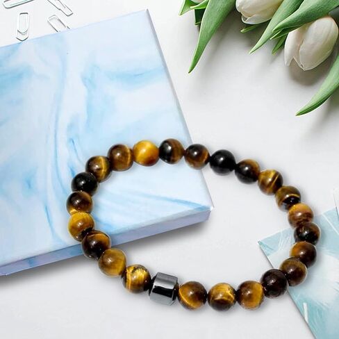 Triple Protection Bracelet Handmade Tigers Eye Black Obsidian Stretchable 8mm Crystal Beads Bracelet for Men Women Natural Stone Jewelry Bring Luck Prosperity and Happiness (Tricolor) in Saudi Arabia