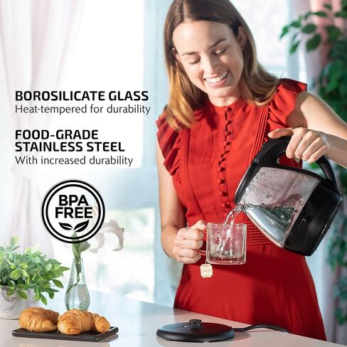 غلاية زجاجية كهربائية مضاءة من OVENTE سعة 1.5 لتر مع ضوء LED أزرق وغطاء من الفولاذ المقاوم للصدأ، ماكينة صنع الشاي على سطح المنضدة سريعة التسخين، غلاية مياه ساخنة مع إيقاف تلقائي وحماية من الغليان الجاف، أسود KG845B in Kuwait