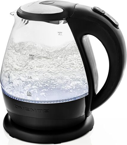 OVENTE Lighted Electric Glass Kettle 1.5 Liter with Blue LED Light and Stainless Steel Lid, Fast Heating Countertop Tea Maker Hot Water Boiler with Auto Shut-Off & Boil Dry Protection, Black KG845B in Saudi Arabia