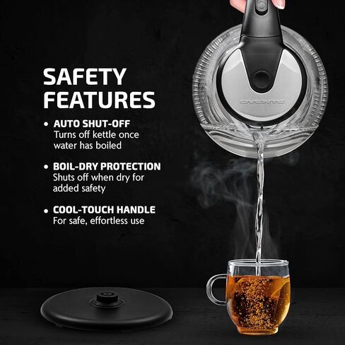 OVENTE Lighted Electric Glass Kettle 1.5 Liter with Blue LED Light and Stainless Steel Lid, Fast Heating Countertop Tea Maker Hot Water Boiler with Auto Shut-Off & Boil Dry Protection, Black KG845B in Saudi Arabia