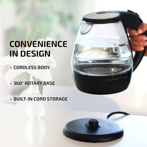 OVENTE Lighted Electric Glass Kettle 1.5 Liter with Blue LED Light and Stainless Steel Lid, Fast Heating Countertop Tea Maker Hot Water Boiler with Auto Shut-Off & Boil Dry Protection, Black KG845B in Saudi Arabia