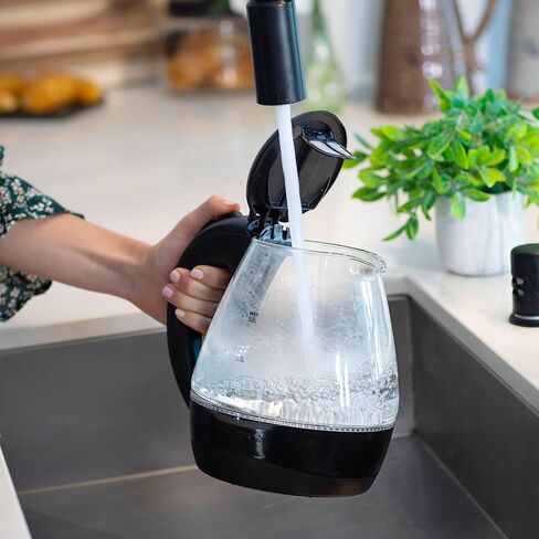 OVENTE Lighted Electric Glass Kettle 1.5 Liter with Blue LED Light and Stainless Steel Lid, Fast Heating Countertop Tea Maker Hot Water Boiler with Auto Shut-Off & Boil Dry Protection, Black KG845B in Saudi Arabia