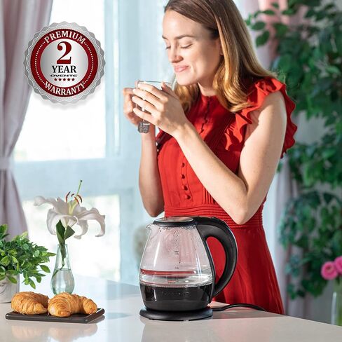 OVENTE Lighted Electric Glass Kettle 1.5 Liter with Blue LED Light and Stainless Steel Lid, Fast Heating Countertop Tea Maker Hot Water Boiler with Auto Shut-Off & Boil Dry Protection, Black KG845B in Saudi Arabia