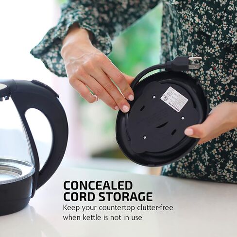 OVENTE Lighted Electric Glass Kettle 1.5 Liter with Blue LED Light and Stainless Steel Lid, Fast Heating Countertop Tea Maker Hot Water Boiler with Auto Shut-Off & Boil Dry Protection, Black KG845B in Saudi Arabia