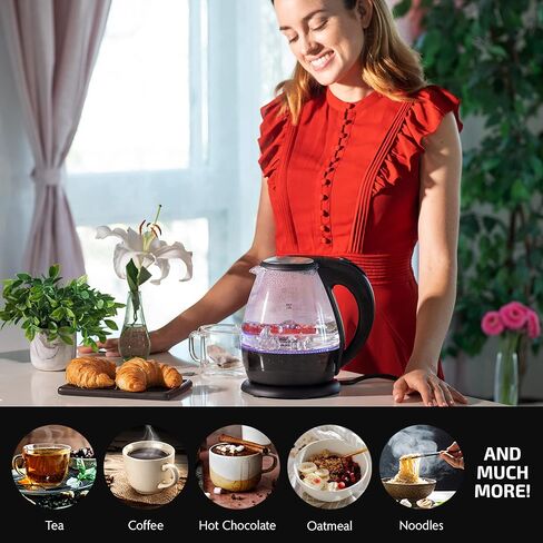 غلاية زجاجية كهربائية مضاءة من OVENTE سعة 1.5 لتر مع ضوء LED أزرق وغطاء من الفولاذ المقاوم للصدأ، ماكينة صنع الشاي على سطح المنضدة سريعة التسخين، غلاية مياه ساخنة مع إيقاف تلقائي وحماية من الغليان الجاف، أسود KG845B in Kuwait