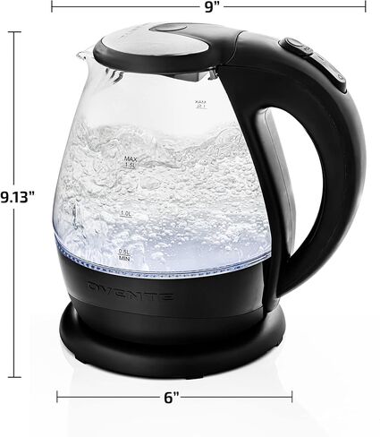 غلاية زجاجية كهربائية مضاءة من OVENTE سعة 1.5 لتر مع ضوء LED أزرق وغطاء من الفولاذ المقاوم للصدأ، ماكينة صنع الشاي على سطح المنضدة سريعة التسخين، غلاية مياه ساخنة مع إيقاف تلقائي وحماية من الغليان الجاف، أسود KG845B in Kuwait