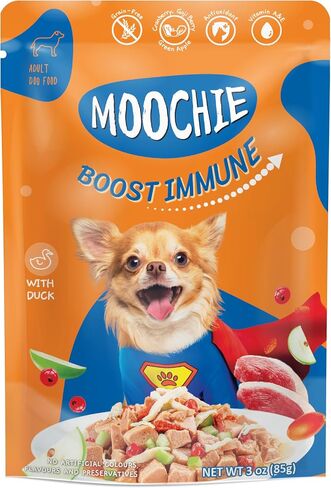 MOOCHIE Grain Free Wet Dog Food for Small Breed - Boost Immune - Duck with Cranberry, Goji Berry and Green Apple - No Added Preservatives or Artificial Flavoring - 3 oz x 12 Pouches in Kuwait