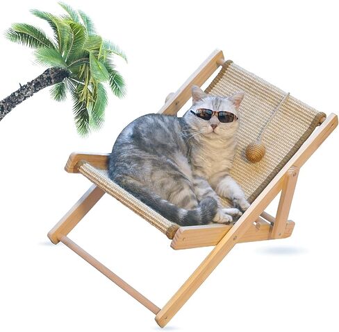Cat Hammock, Cat Furniture, Mini Beach Chair for Cat, Relaxation Cat Bed with Durable and Non-Shedding Sisal Scratcher, Wood Cat Chair for Indoor Cats (Brown, Sisal Scratcher) in Saudi Arabia