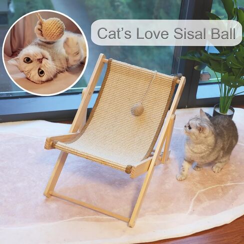 Cat Hammock, Cat Furniture, Mini Beach Chair for Cat, Relaxation Cat Bed with Durable and Non-Shedding Sisal Scratcher, Wood Cat Chair for Indoor Cats (Brown, Sisal Scratcher) in Saudi Arabia