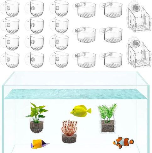 Aquatic Plant Cups with Hole -20 Pcs Transparent Aquarium Plant Holder,Acrylic Aquatic Plant Pot with Suction Cups,Fish Tank Plant Holder,Aquarium Decoration 3 Shapes in Saudi Arabia