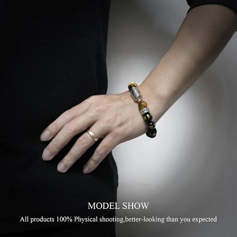 KS-WORKSHOP 12MM Stretch Bracelet for men boys Handmade Beads Chain Quality Natural Stone Black Obsidian Beaded Metal Link Semi-Precious Gemstone Purify Healing Energy PerfectValentine's Gift Birthday in Saudi Arabia