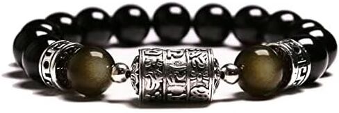 KS-WORKSHOP 12MM Stretch Bracelet for men boys Handmade Beads Chain Quality Natural Stone Black Obsidian Beaded Metal Link Semi-Precious Gemstone Purify Healing Energy PerfectValentine's Gift Birthday in Saudi Arabia