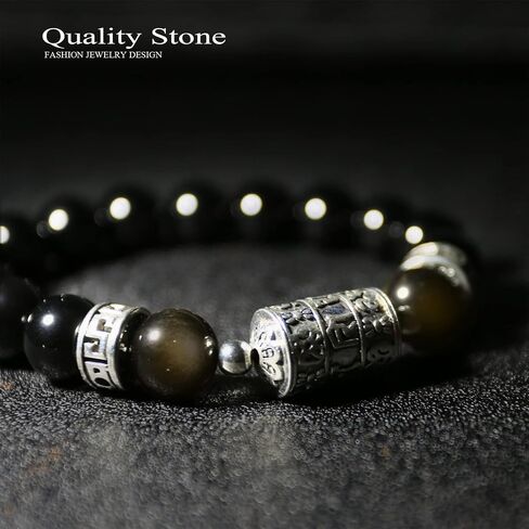 KS-WORKSHOP 12MM Stretch Bracelet for men boys Handmade Beads Chain Quality Natural Stone Black Obsidian Beaded Metal Link Semi-Precious Gemstone Purify Healing Energy PerfectValentine's Gift Birthday in Saudi Arabia