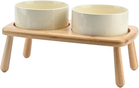 SPUNKYJUNKY Raised Dog Bowls Ceramic Dog Bowls Elevated with Non-Slip Wooden Stand Dog Food Water Bowls for Puppy Small Medium Dogs(Double 28OZ Bowls,Cream White) in Saudi Arabia