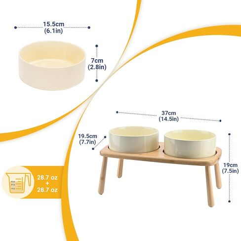 SPUNKYJUNKY Raised Dog Bowls Ceramic Dog Bowls Elevated with Non-Slip Wooden Stand Dog Food Water Bowls for Puppy Small Medium Dogs(Double 28OZ Bowls,Cream White) in Saudi Arabia