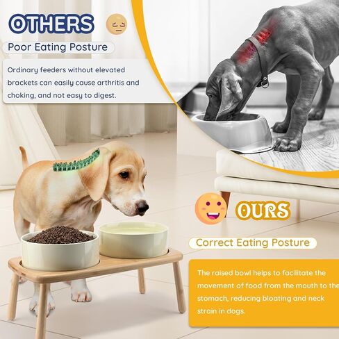 SPUNKYJUNKY Raised Dog Bowls Ceramic Dog Bowls Elevated with Non-Slip Wooden Stand Dog Food Water Bowls for Puppy Small Medium Dogs(Double 28OZ Bowls,Cream White) in Saudi Arabia