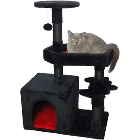 Cat Tree Gothic Cat Tree with Coffin Cat Bed 35.4'' Cat Tower with Scratching Post Spacious Cat Condo and Hanging Ball Multi-level Cat Furniture Spooky Cat Tree for Indoor Cats, Black Red