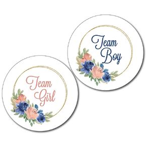 36 2.5-inch Navy Blue and Blush Pink Gender Reveal Team Boy or Girl Stickers with Flowers