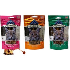 Blue Wilderness Grain Free Soft Moist Treats for Cats 3 Flavor Variety with Toy Bundle, (1) Each: Chicken Salmon, Chicken Turkey, Chicken Duck (2 Ounces)