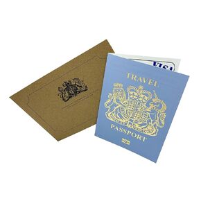 UK Baby Blue & Gold Foil Pretend Passport Scratch and Reveal Travel Ticket Surprise DIY Gift Card. Perfect for valentine, vacations, anniversary, birthday, family trips away!