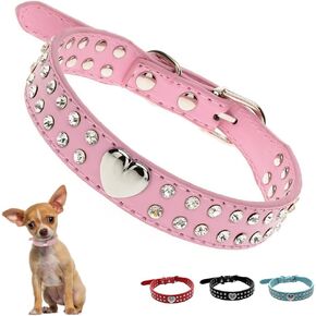 Pink Rhinestone Dog Collar XS, Heart Bling Cat Collar Fancy Crystal Glitter Pretty Jewel Diamond Girl Puppy Collars for XXS XS Small Medium Female Pet Dogs Kitten, XSmall