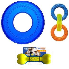 Nerf Dog Three Toy Gift Set: 3-Ring Tug, Squeak Bone, and Tire Flyer Gift Set
