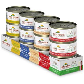 Almo Nature HQS Natural Wet Cat Food Variety Pack 2.47 oz (Pack of 12): (3) Salmon and Chicken, (3) Ocean Fish, (3) Tuna and Shrimp, (3) Chicken Drumstick