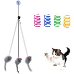 Andiker 5Pcs Interactive Cat Toys for Indoor Cats, Triangular Hook Door Frame Cat Toy with The Adjustable Elastic Rope Cat Mouse Toy and 4pcs Cats Springs Self-Playing Cat Catching Toys (Hang)