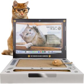 Cardboard Cat Scratcher, Laptop Scratcher Cat Toy, 3-in-1 Laptop Scratcher Cat Toy with Interactive Plush Mouse Cat Teaser and Ball Track Pad Toy, Foldable Corrugated Computer Cat Scratching Board